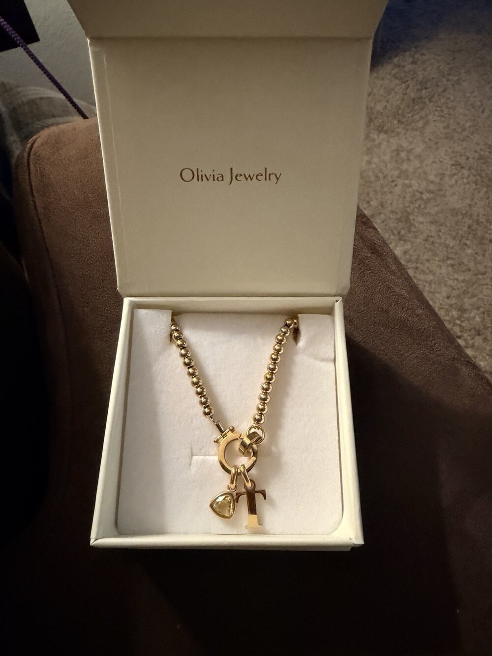 NIB Olivia Jewelry Gold Beaded Charm Bracelet with Citrine & Letter "T" Pendants
